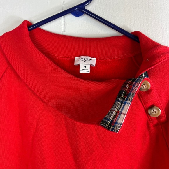 J. Crew Red Button Collar Sweatshirt Pullover Top Plaid Trim Womens Size Medium - Picture 4 of 6